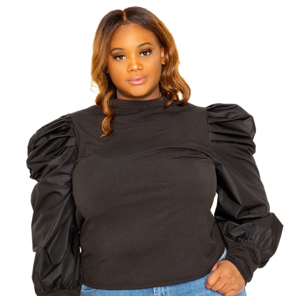 Black Ruffled Blouse with Puff Sleeves and Mandarin Collar
